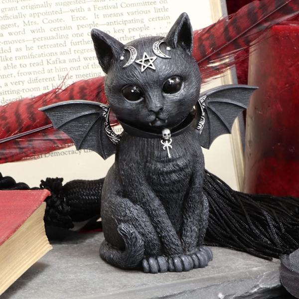 10cm Vingad Ockult Katt Figur, Polyresin, Svart och Silver
