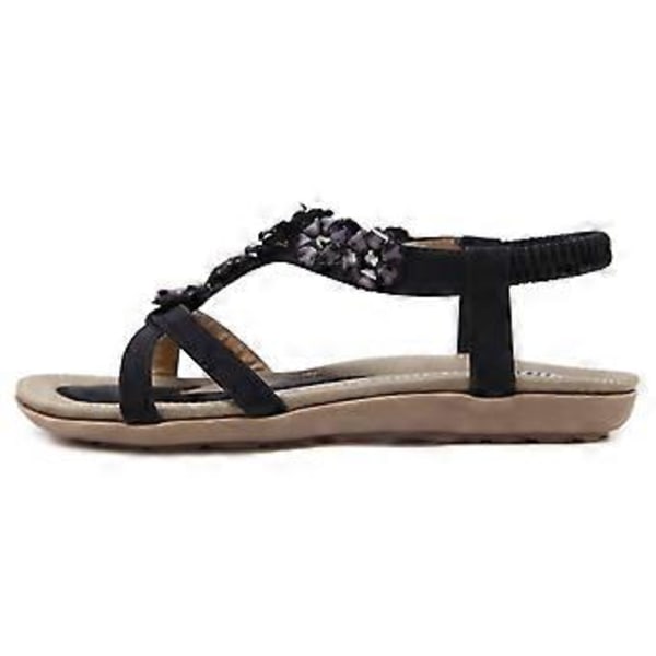Sommersandaler for kvinner, bohemske blomster, rhinstein, store størrelser, flate sko, strandsandaler (EU 39 Svart)