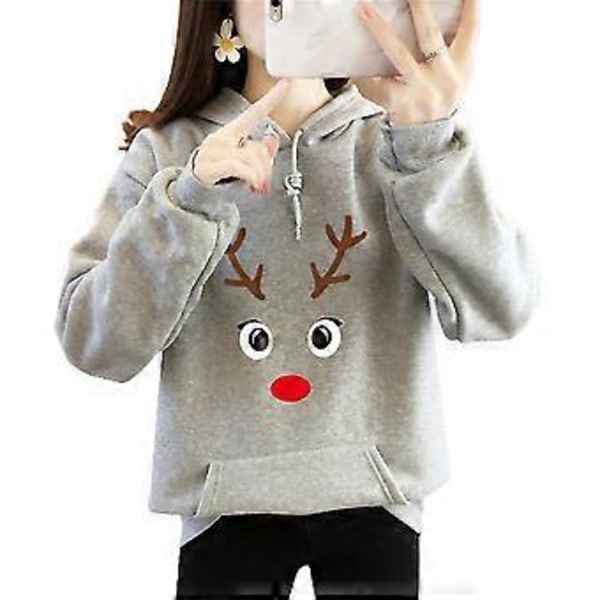 Dame Juletrøje med Hætte, Trykt, Varmt Trøje, Langærmet (2XL Grå)
