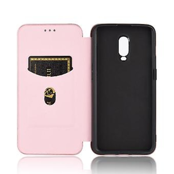 For OnePlus 6T Karbonfiber Lærveske (Rosa)