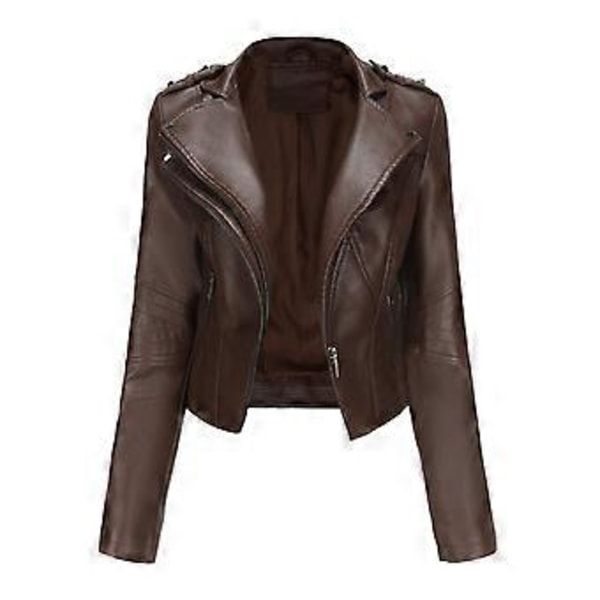 Damjackor Nitar Faux Läder Kavajslag Dragkedja Bomberjacka Kort Slim Fit Motorcykeljacka Casual Street Ytterkläder (L brun)