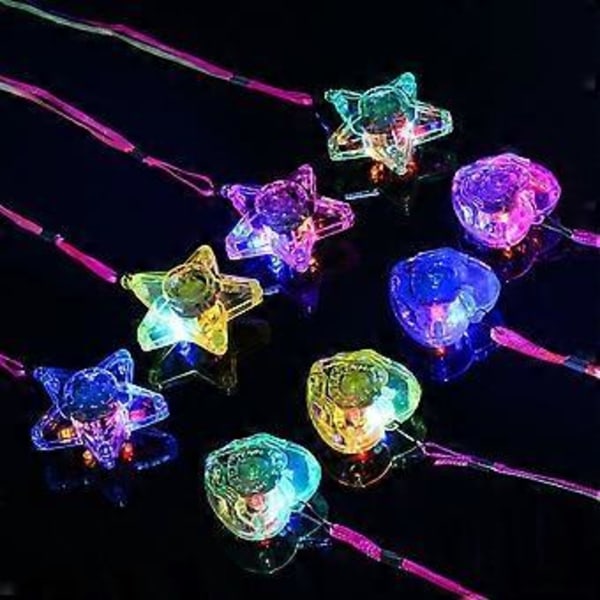 8 st Färgglada LED Blinkande Halsband i Plast och Lysande Hängen (4 st Femuddiga Stjärnor och 4 st Hjärtformade)