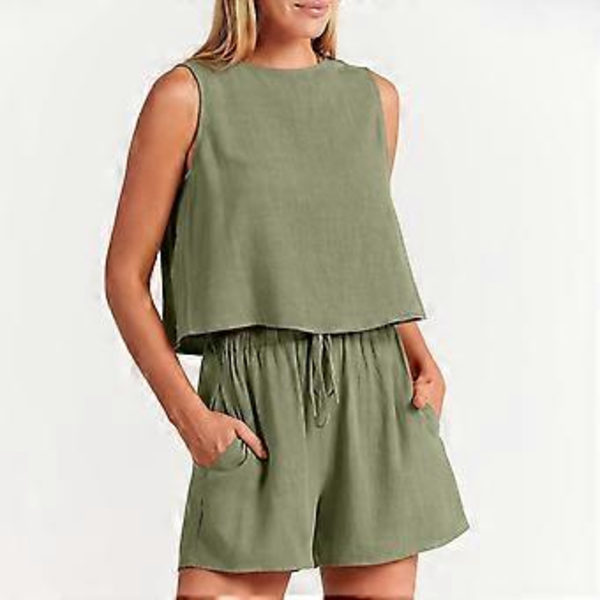 Ærmeløs T-shirt med rund hals, høj talje, elastiske korte underdele, moderigtigt afslappet sæt, ensfarvede bukser, sløjfer, elastiske shorts, oliven XL(XL oliven)