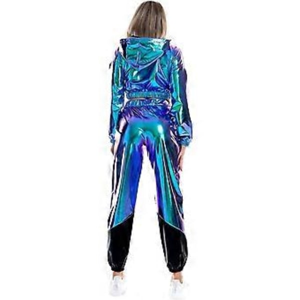 Naisten Rave-asu Kiiltävä Crop Top Huppari Metallinhohtoiset Rento Pitkät Housut Hupullinen Treenauscollegepaita Disco-tanssivaatteet(X-Large Holografinen Sininen)