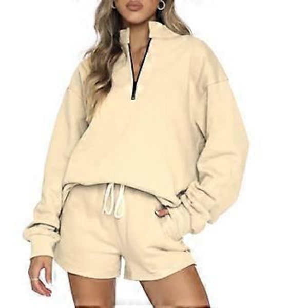 Dam 2-delade träningsdräkter set avslappnad oversized dragkedja långärmad hoodies sweatshirt topp och shorts lounge set aprikos S(S aprikos)