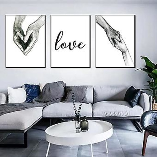 Wekity Hand in Hand och Love Väggkonst Canvas Print Poster, Enkel Mode Svartvit Skisskonst Linjeteckning Dekoration för Hem Vardagsrum Sovrum