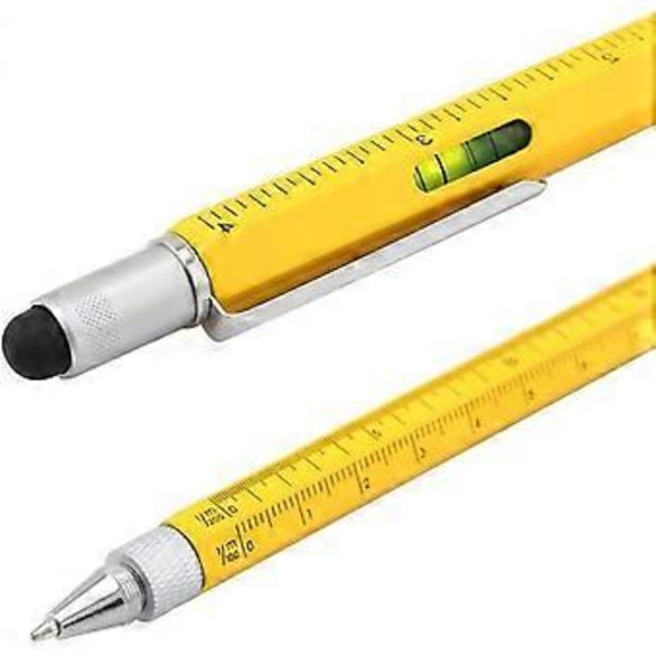 6-in-1 Tech-Tool -kynä, kosketusnäyttökynä/litteäpäinen ruuvimeisseli ja vesivaaka, monitoimityökalu, keltainen