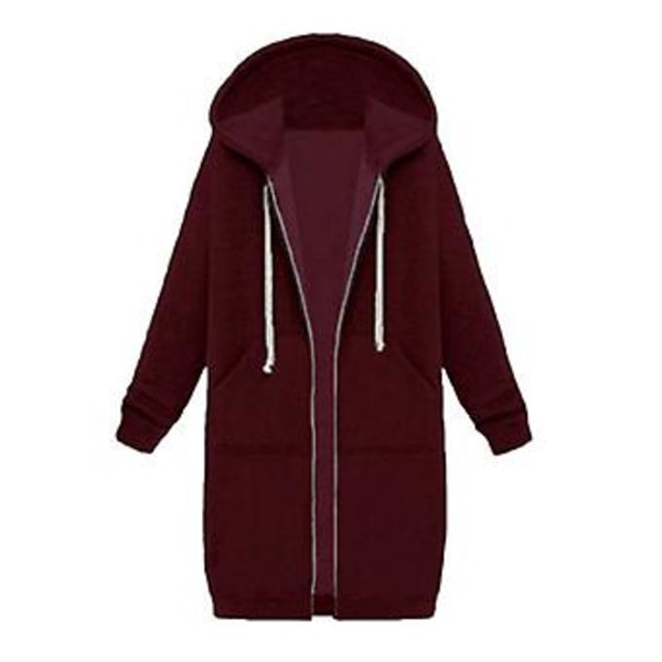 Fianao Plus Size Enfärgad Avslappnad Tjock Huvad Kvinna Zip Up Lång Tröja (XL Vinröd)