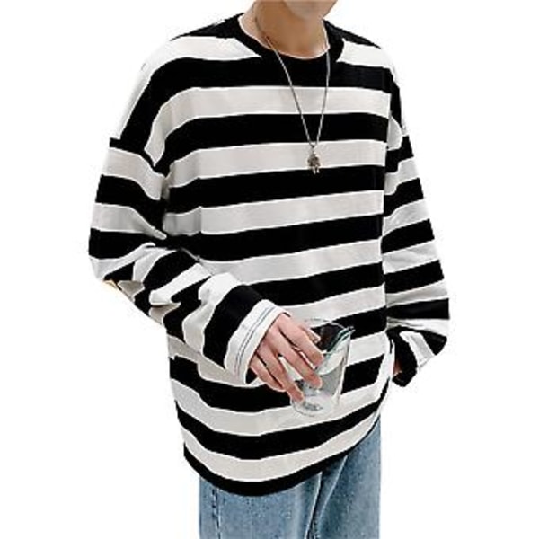 Mænds Stribet Sweatshirt Rundhals Langærmet Casual Løstsiddende Mode Top til Ungdomsmænd Tilbehør (2XL Hvid)