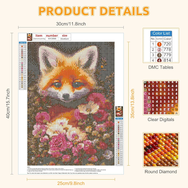 30x40cm Diamantmålning Räv Kits, 5D Diamantmålning Kits för A