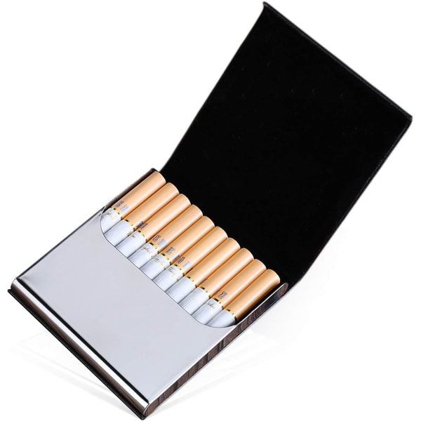 （Svart） Case, cigaretthållare Smal metall Tobakslåda i rostfritt stål med PU- cover