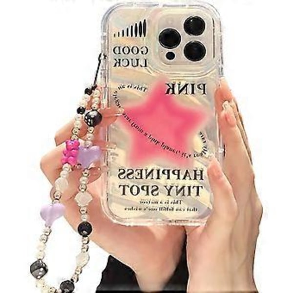 Etui til iPhone 14 & iPhone 13 med telefonveske/kjede, glitrende rosa stjerne mønster klart søtt telefonveske med perle kjærlighet hjerte armbånd, luksuriøs bling kvinner