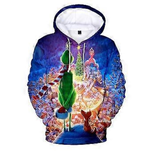 Herr Dam Jul Grinch 3D-tryckt Hoodie Långärmad Tröja med Huva Pullover Jumper Casual Lös Jul Tröjor (2XL C)
