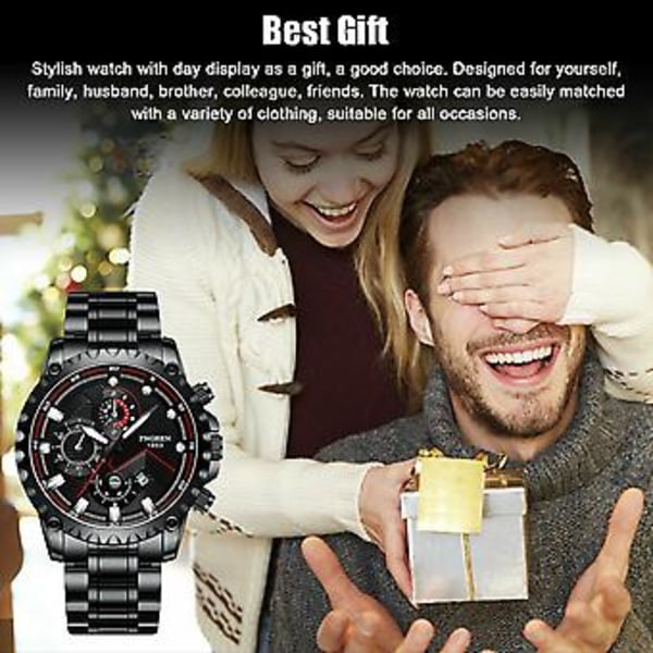 Vandtæt Herreur Klassisk Rustfrit Stål Quartz Selvlysende Luksus Armbåndsur (Sort)
