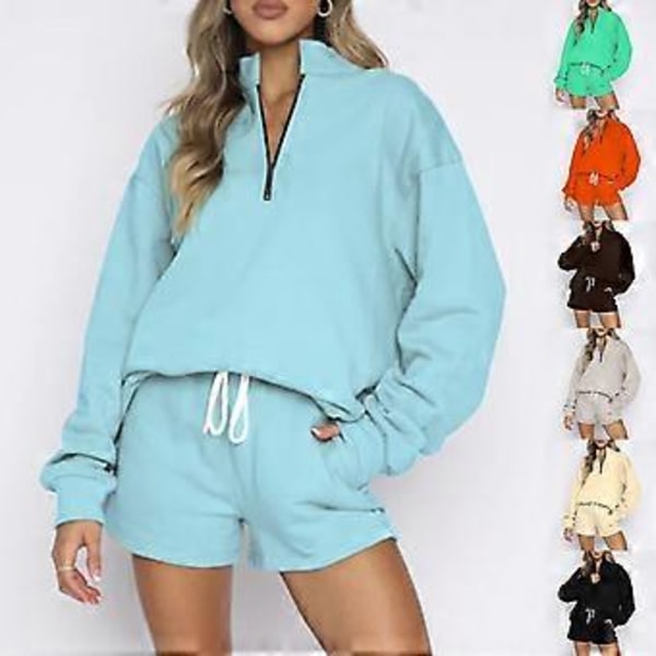 Dam Oversized 2-delat Loungeset Långärmad Dragkedja Ståkrage Huvtröjor Sweatshirt Shorts Outfit Träningsset Brun XL(XL Brun)