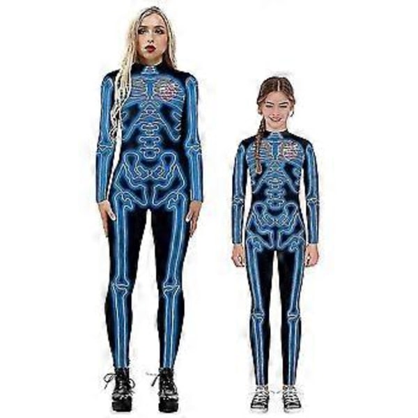 Ny Halloween Skelettdräkt för Barn och Vuxna, Bekväm Onesie Jumpsuit snabb (S Blå)