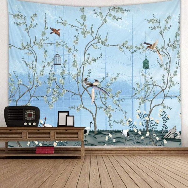 1pc Large Bohemian Wall Tapestry Blue Flowers and Birds Wall Hang