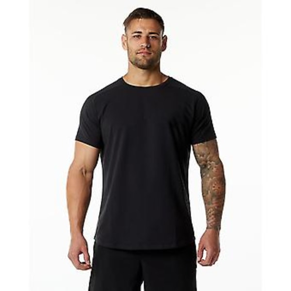 Sports Fitness Kortærmet Mænd Bomuld Rundhals Solid Farve Casual Træning Sort T-shirt (L Sort)