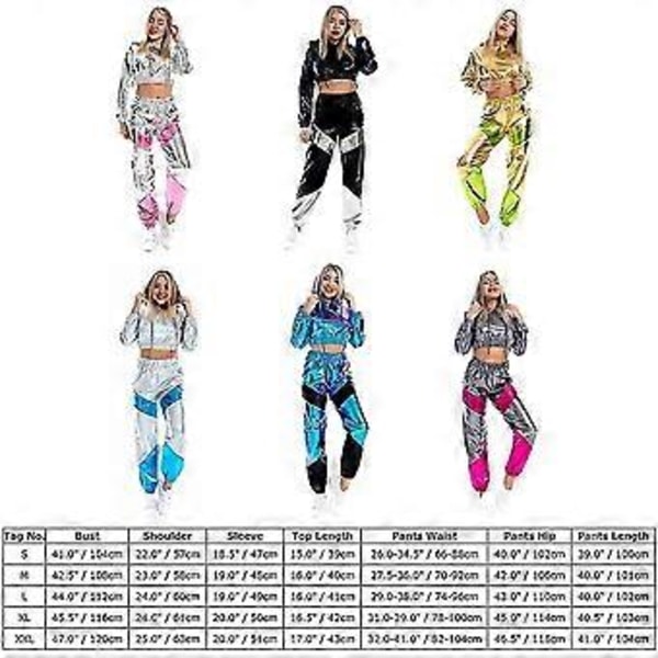 Rave-antrekk for kvinner, skinnende crop top-hettegenser, metallisk fritidsbukse, hettegenser-treningsgenser, discodanse-klubbklær (Small Grey)
