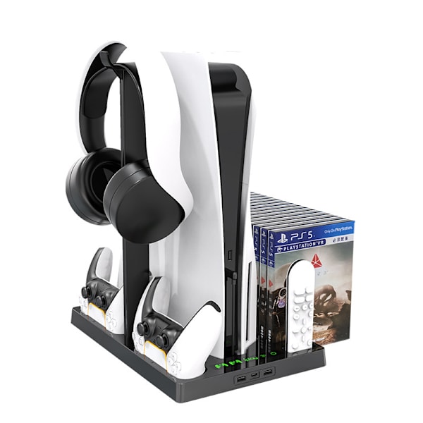 PS5 opbevaringsstativ og kølestation med hovedtelefonholder, PS5 controller-ladestation med Dua