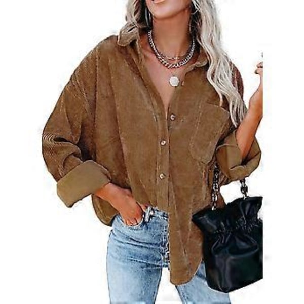 Cordfløyelsskjorte for kvinner med knapper, Shacket Boyfriend, langermet, oversized bluser, topper, avslappet jakke med krage