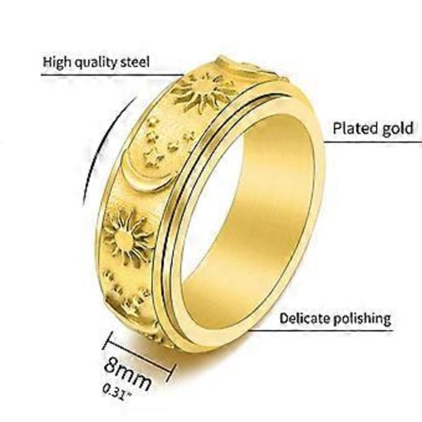 Måne Stjärna Sol Spinner Fidget Ring för Ångest Statement Ring Smycken Storlek 6-11 (9 Guld)