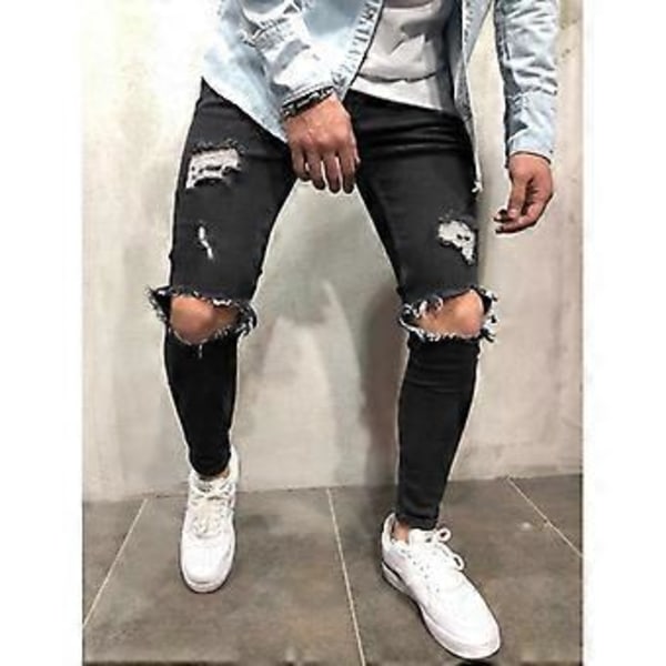 Herr Jeans Nya Trasiga Slim-Fitting Herrkläder Byxor Herrkläder Skinny (XL svart)