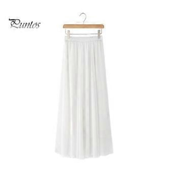 Chiffonkjol för damer, elastisk hög midja, plisserad ankellång kjol, enfärgad, böljande fåll, lång kjol för vardagsbruk (80cm vit)