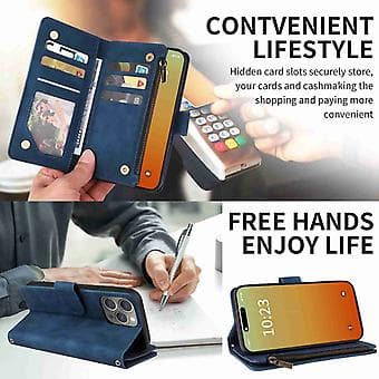 Tegnebog Lynlås Læder Telefon Etui Til iPhone 15 Pro Max (Mørkeblå)