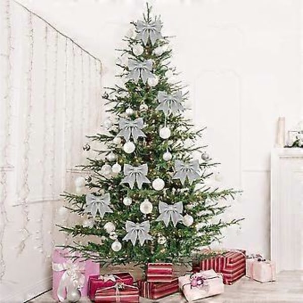 8-pack Guldrosetter för Julgran, 14 cm Glitter Guld Kransrosetter för Kransar, Girlangdekorationer - silver