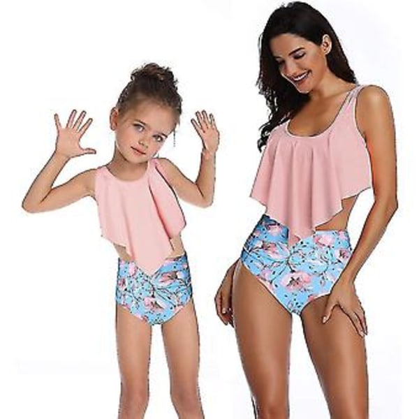 Flickbaddräkt Tvådelad Bikini Set Volang Falbala Badkläder Baddräkter-e( Rosa Blomma)