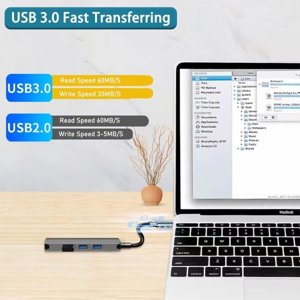 USB 3.0 Hub med 4 porte, USB C til USB 3.0 Hub til MacBook, Mac P