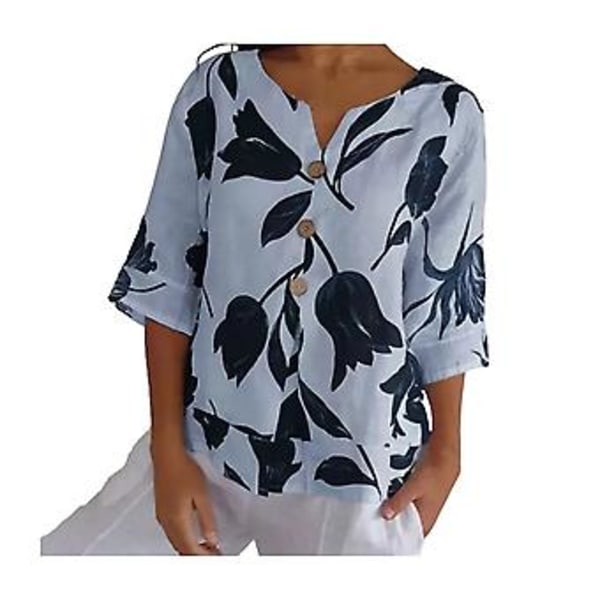 Sommer Casual Skjorte Kvinder V-hals Knapper Dekoration 3/4 Ærme Bluser Blomstertrykt Løstsiddende Trøje Topper Streetwear (L Lyseblå)