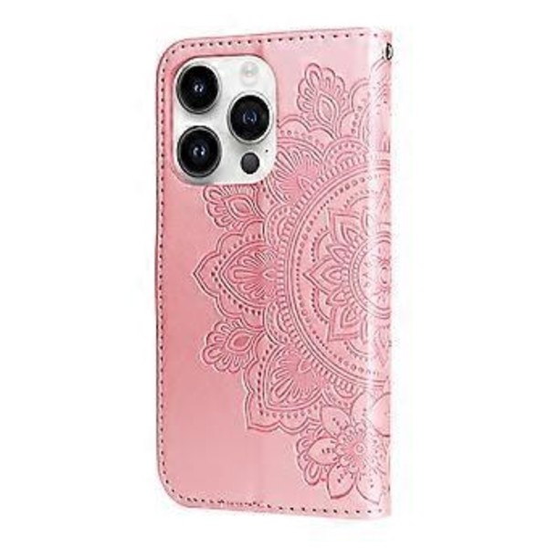 7-bladets Blomster Præget Læderetui Til iPhone 15 Pro (Rosenguld)