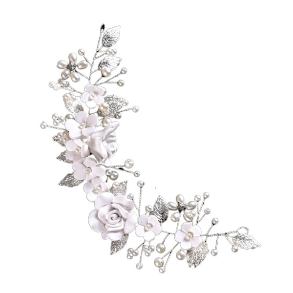 Vit, hårranka bröllop blommönster, med pärlor, brudhuvudb