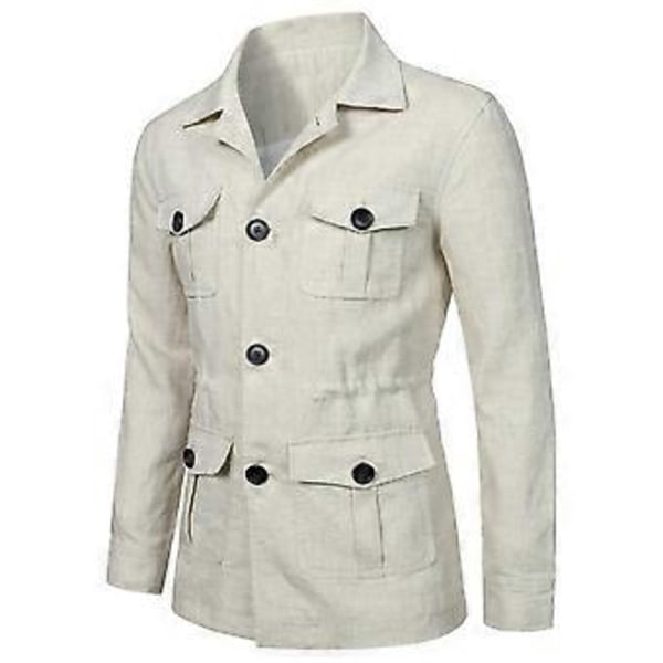 Herrejakker Safarijakke Lin Britisk Retro Gentry Dresslommer Yttertøy Mote Ensfarget Herre Topper (L hvit)
