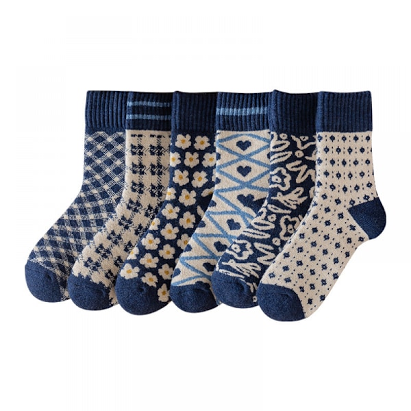 Vinterförtjockning Blå Färg, 6 Par Terry Ull Damstrumpor, Love Diamond Houndstooth Mångsidig W