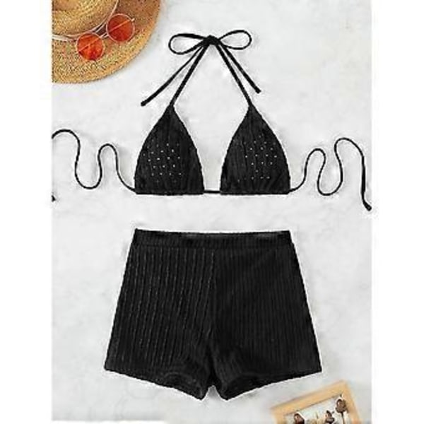 Naisten riimutoppimallinen ribbineulos uimashortsit Bikinisetti Kaksiosainen Push Up Bikini Uimapuku Uima-asu poikashortseilla Vihreä S (S Vihreä)