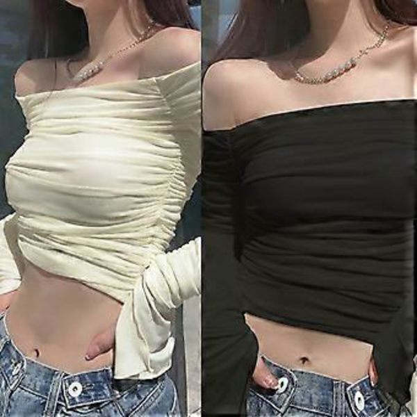 Naisten Off Shoulder Mesh Ruched Crop Topit Y2K T-paita Trumpetti Pitkähihainen Slim Fit T-paidat Seksikäs Pusero Y2K Katumuoti Musta M(M Musta)
