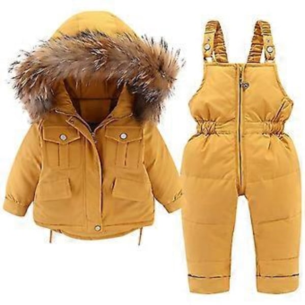 Dunjacka och dunbyxor för baby, vinterjacka med huva för flickor och pojkar, skidoveraller för barn (90cm Gul)