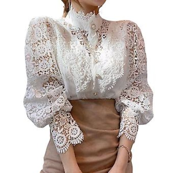 Langærmet Damebluse med Blonder, Fransk Bluser, Blomsterudskæring, Stående Krave (XL Hvid)