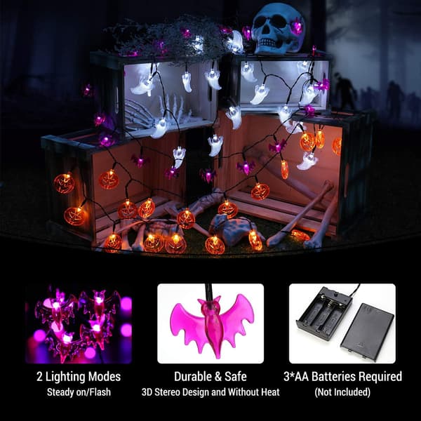 Halloween Dekorative Strenglys, 3 Stykker 20 LED Græskar Orang