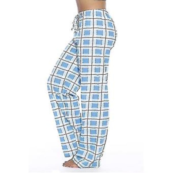 Dames Pyjamasbukser med Lommer, Bløde Flanel Check Pyjamasbukser til Kvinder (M blå)