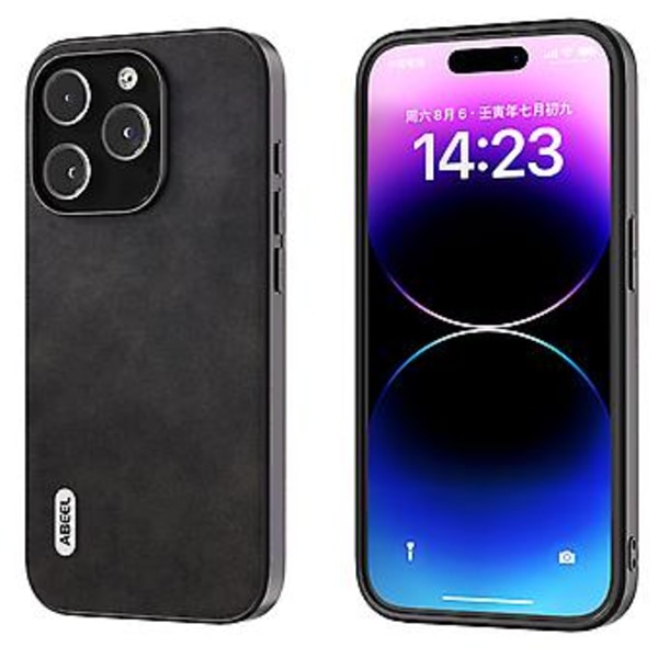Kalvläder PU-fodral för iPhone 15 Pro (Svart)