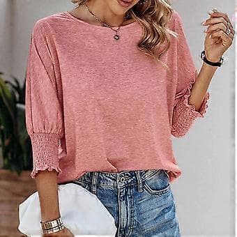Dame Ensfarvet Løs Pasform Tunika Top Bluser Basic Tee Bluser Casual Tunika Top Rund Hals 3/4 Ærme Basic T-shirts Tee Top Sort XXL(XXL Sort)