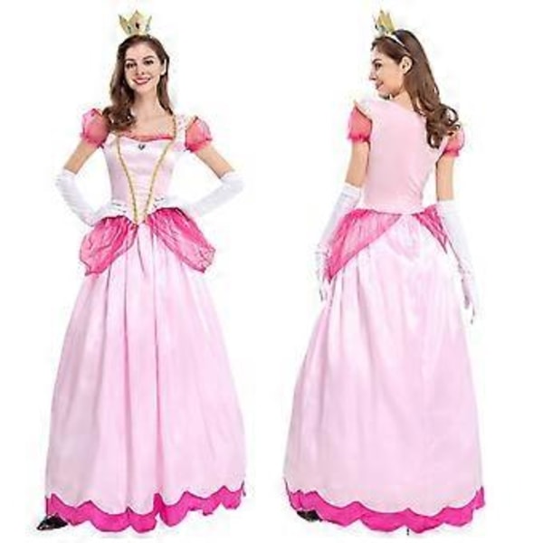 Super Mario Peach Kostym Rosa Prinsessa Toadstool Klänning med Handskar, Huvudbonad Kvinnor Halloween Rollspel Kostym (XL)