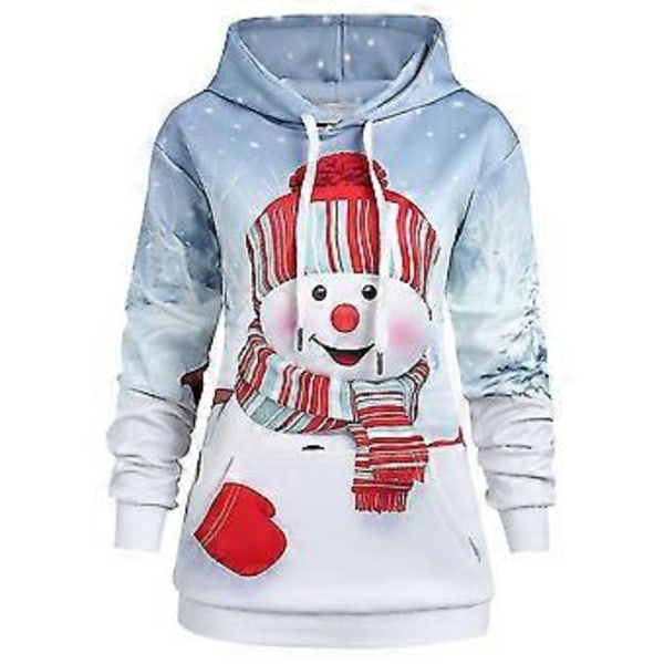 Dame Jul Snemand Print Langærmet Hætte Casual Sweatshirt Pullover Top -NMAOV(M Blå)
