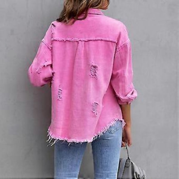 Løs Rippet Denimjakke Slitesterk Vellaget Hudvennlig Blazer For Vår Sommer Høst Daglig Bruk (S Rosa)