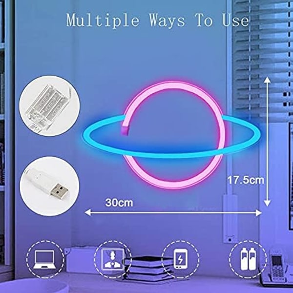 (Pink Blå) Planet Neon Skilte, Batteri Lampe Neon Lys Led Lys Natlys, Planet USB Belyste W
