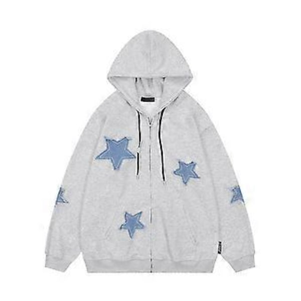 Retro stjerne hoodie med lynlås, løs afslappet efterårsskjorte (L Grå)